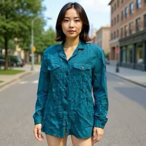 Edward Women L 100% Silk Green Long Sleeve Utility Shirt Chest Pockets Timeless